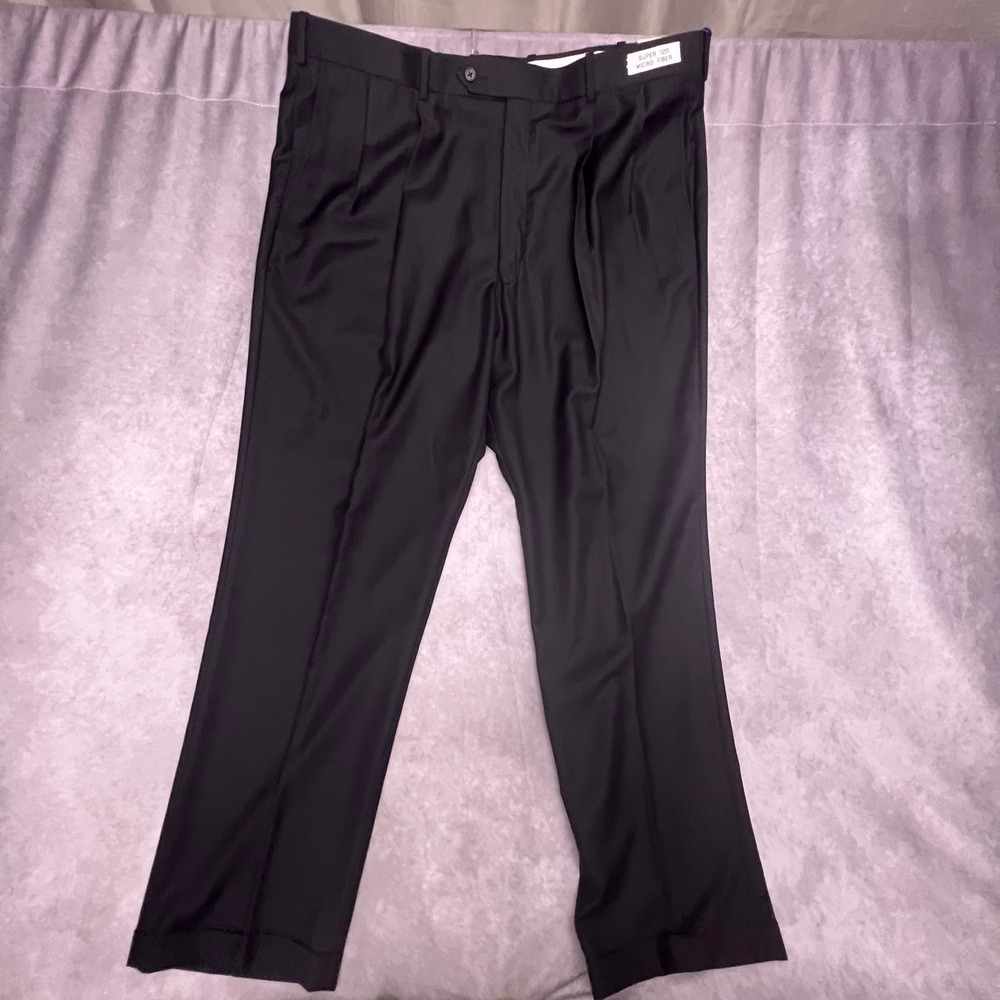 Alan Flusser Dress Pants Mens 42x32 Black NEW The Devon Pleated Cuffed Super 120